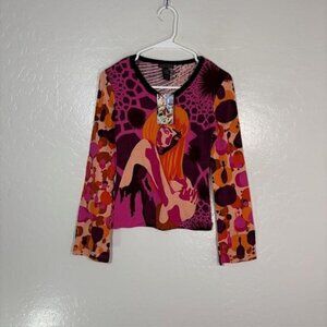 HAYES Shirt Womens Small Pink Psychedelic Retro Art Graphic Long Sleeve Top